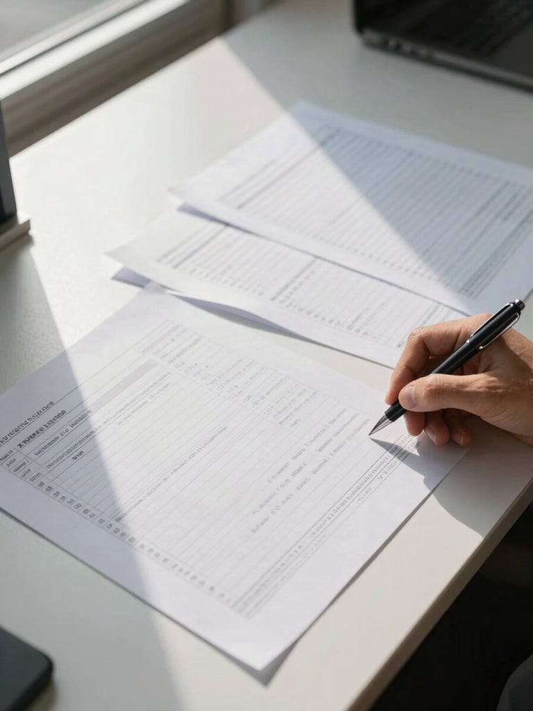 Wide office desk from above, open spreadsheet printouts being reviewed by a single hand with a pen, natural daylight from a window casting soft shadows across the papers, unglamorous and precise