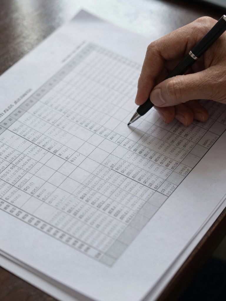 Close-up overhead shot of financial documents spread on a desk, a hand reviewing printed spreadsheet columns under diffused natural window light, crisp detail on the paper edges, no person visible above the wrist