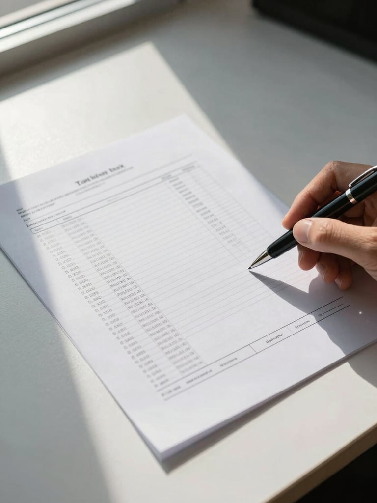 Overhead close-up of a tax document being reviewed on a clean desk, a pen resting beside it, natural daylight from a nearby office window casting soft shadows across the printed columns of figures