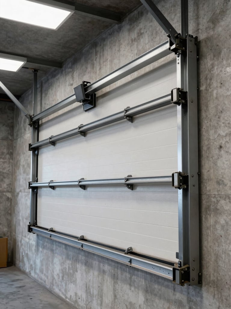 Wide shot of a heavy-duty commercial garage door track system mounted to a concrete wall, natural overhead light, steel rails and hardware in sharp focus, grease marks and wear visible on the mechanism