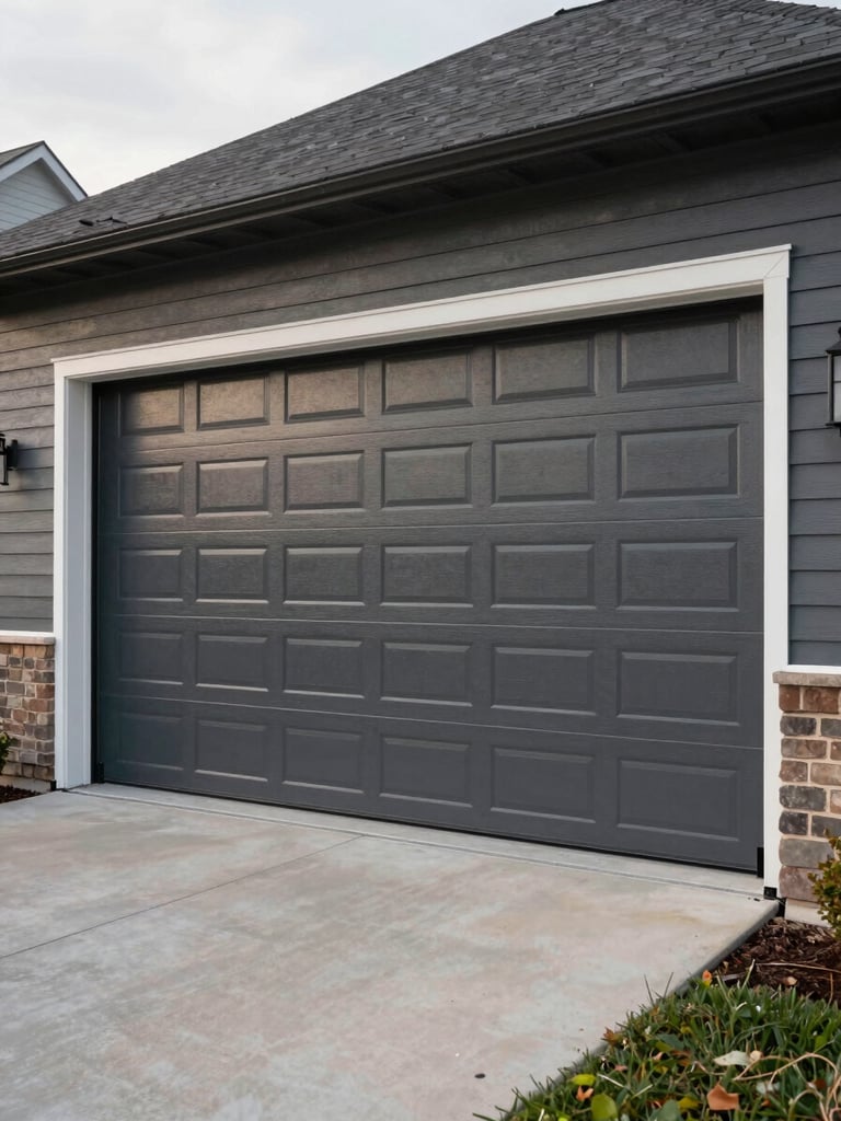 Wide environmental shot of a large residential steel garage door installed flush on a charcoal-sided home in Springfield, natural overcast daylight, door hardware and track visible at the frame edges, expansive driveway in foreground, door occupying the right two-thirds of the frame