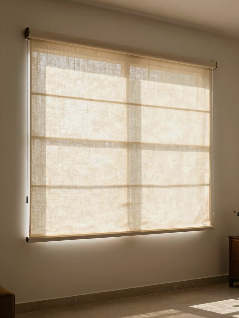 Close environmental portrait of a Delhi living room, tall roller blinds filtering afternoon north-facing light across a neutral plaster wall, fabric weave visible in the mid-ground, empty room, warm cream tones, no people