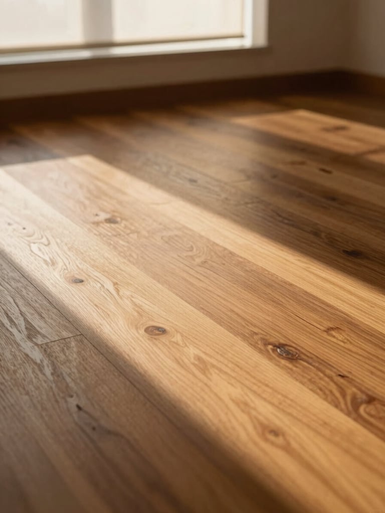 Portrait-oriented close-up of wide hardwood floor planks in an empty Delhi room, raking north-facing afternoon light drawing long shadows along the grain lines, warm amber tones in the wood, a roller blind softly diffusing light at the window edge in the far background, no people, no furniture