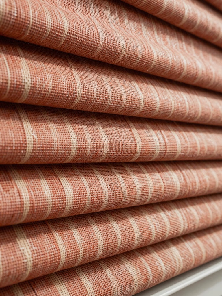 Extreme close-up of a woven roller blind fabric sample, individual threads visible in fine detail, warm terracotta and cream tones, raking north-facing daylight revealing the depth of the weave, no text, no people