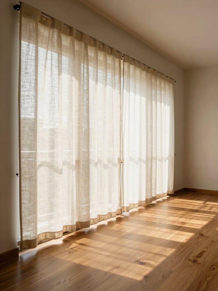 Wide environmental shot of a finished Delhi living room interior, camera positioned low-left to frame the full height of linen roller blinds filtering soft north-facing daylight, warm engineered wood floor stretching to the right, empty room with no people, natural morning light casting long shadow bands across the floor grain, portrait aspect filling the frame edge to edge