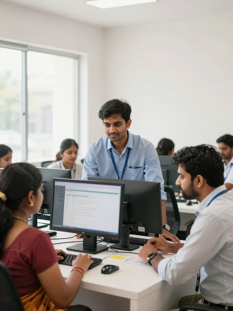 A bright, clean indoor shot of a welcoming digital service desk in India, professional staff assisting a local community member, soft natural daylight, 35mm