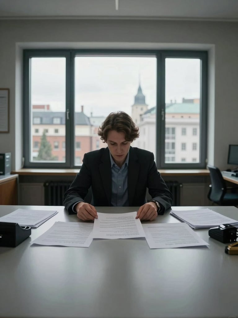 Wide environmental shot inside a quiet institutional office, a practitioner seated at a broad desk reviewing a printed multi-page document, north-facing window light falling evenly across the paper, architectural details of a foreign city visible through the glass behind—understated, documentary framing