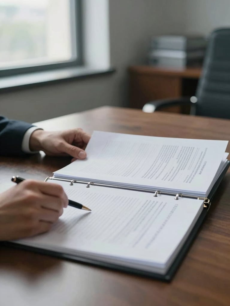 Wide environmental shot inside a legal or financial office, a professional's hands resting on an open binder of regulatory documents laid across a broad desk, north-facing window light casting even cool illumination, no harsh shadows, papers and a pen visible in sharp detail, understated office interior in background slightly out of focus