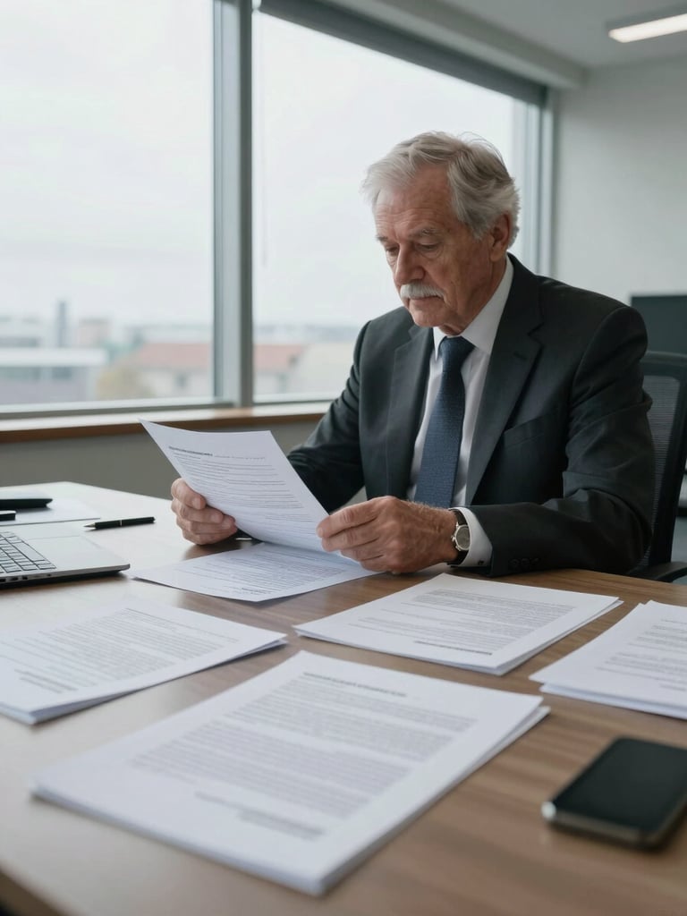Wide environmental frame, a senior professional seated at a broad desk reviewing a multi-page legal document, overcast north-facing window light falling evenly across the desk surface, scattered contract pages and a pen visible in foreground, understated office interior, no visible face — shot from a slight angle to show depth and context