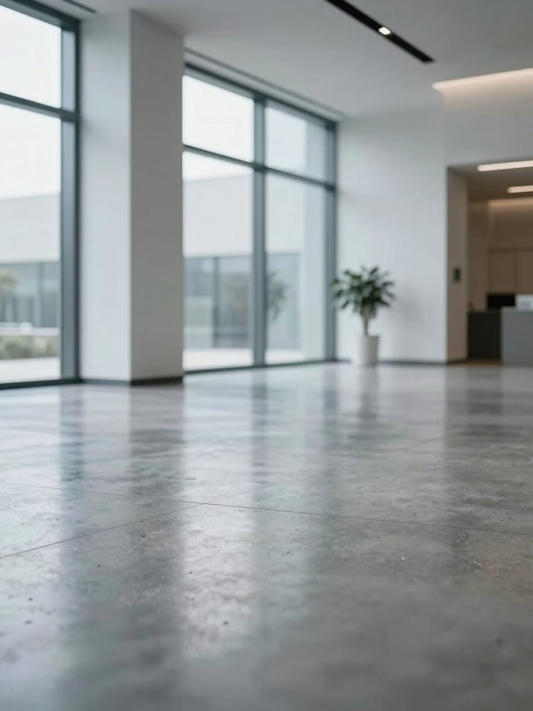 A close-up shot of a pristine, modern corporate lobby with polished concrete floors reflecting cool, diffuse natural light from large windows. Minimalist architectural lines, sharp focus, clinical cleanliness.