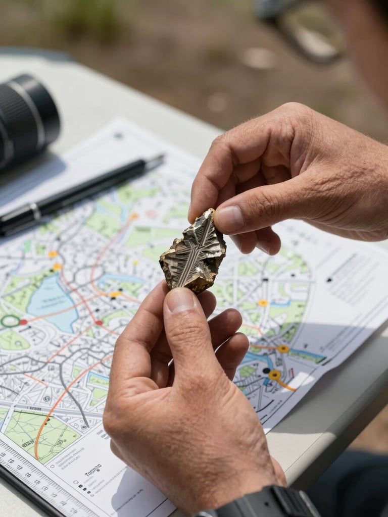 Close environmental shot of a geologist's hands holding a core sample over a field survey table, mineral striations clearly visible under north-facing outdoor daylight, site map and measurement tools laid flat on the table surface, shallow depth of field emphasizing the specimen