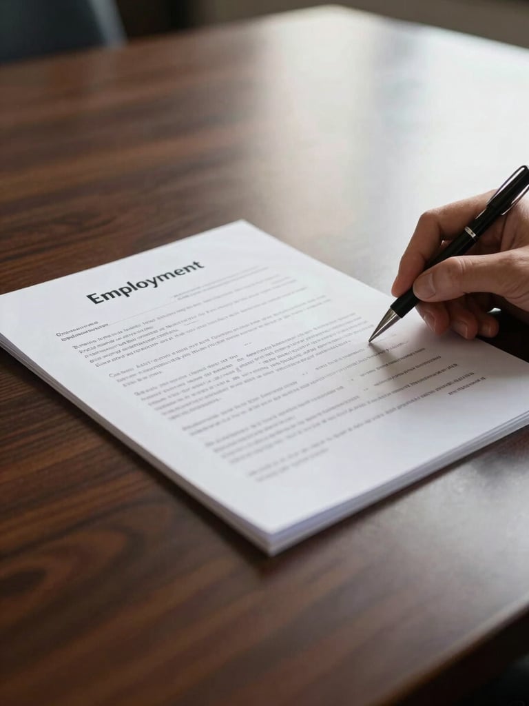 Close detail of a hand reviewing an open employment contract on a polished conference table, studio-lit from overhead north light, document margins visible, pen resting on page, no faces, architectural precision in framing