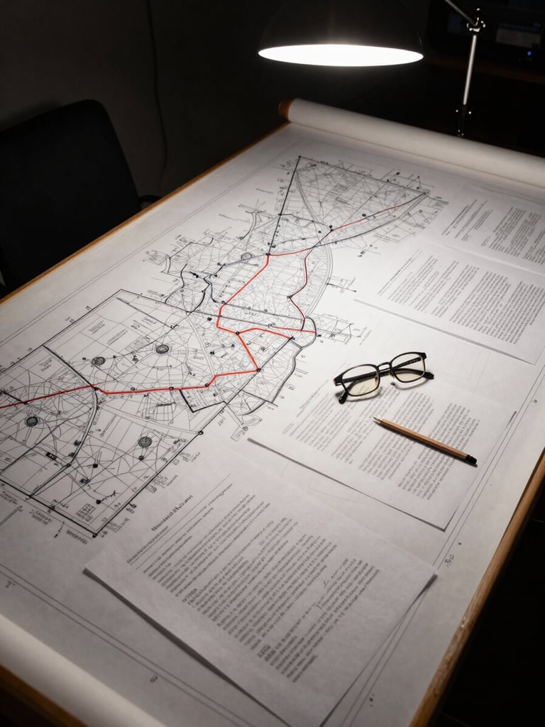 Wide shot of a lit architectural drafting table at night, concession boundary maps and legal permit documents spread across its surface under a focused overhead studio lamp, blueprint margins annotated in pencil, a pair of reading glasses resting on contract language, no people visible