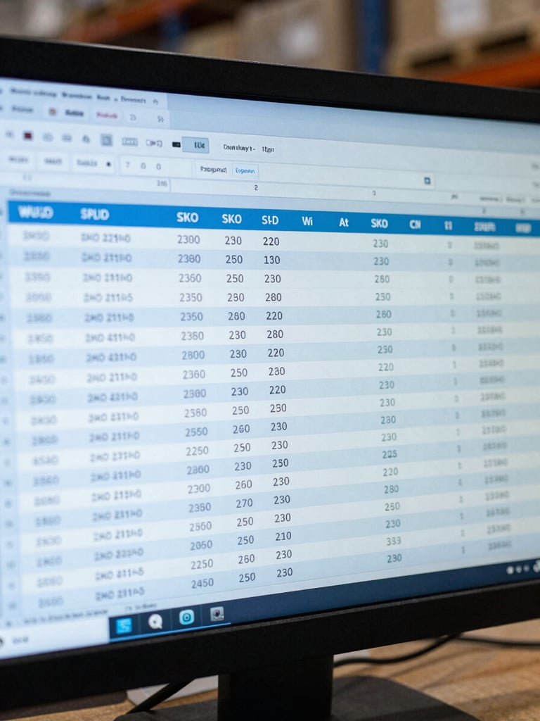 Extreme close-up straight-on of a warehouse management dashboard screen showing order queue rows, SKU numbers, and status columns, cool blue monitor glow, slightly overexposed, no people visible, sharp detail on the data rows