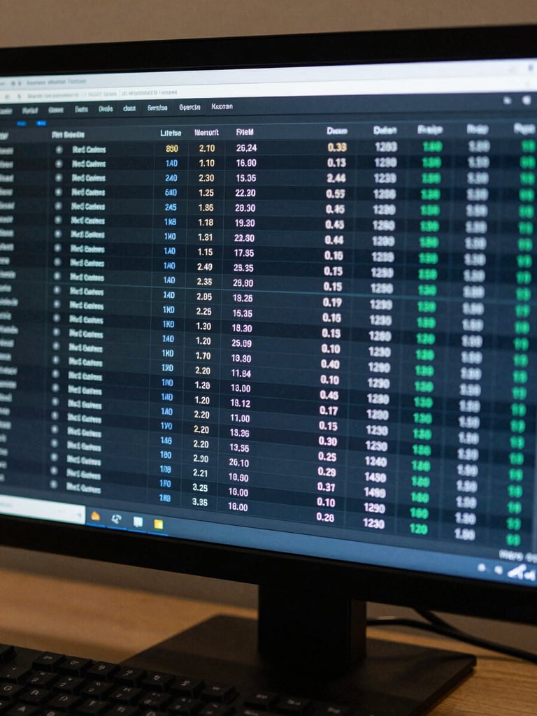 Straight-on close-up of an order management dashboard on a monitor, rows of SKU data and fulfillment queue statuses visible on a dark interface, cool blue-tinted screen glow, keyboard edge in extreme foreground, no people, no warm tones