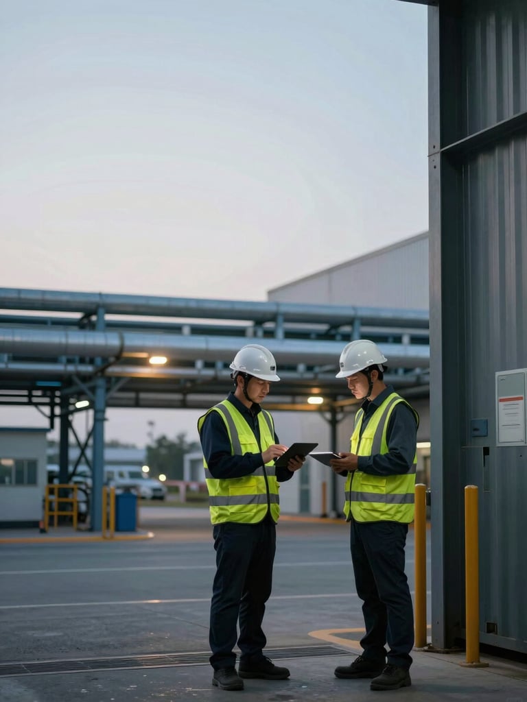 Wide panoramic shot, left-to-right: a field safety engineer in hard hat and high-vis vest reviewing a digital tablet at an industrial facility entrance, overhead pipeline infrastructure behind, cool ambient site lighting, extreme right side fades into dark steel structure—generous negative space on left for text overlap