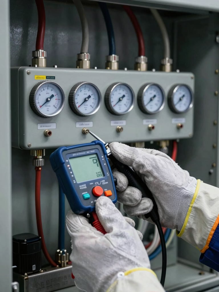 Extreme close-up of a safety inspector's gloved hands holding a digital measurement instrument against an industrial electrical panel, cool studio strobe lighting illuminating calibration dials and cable conduits in sharp detail, dark steel background, precise technical framing
