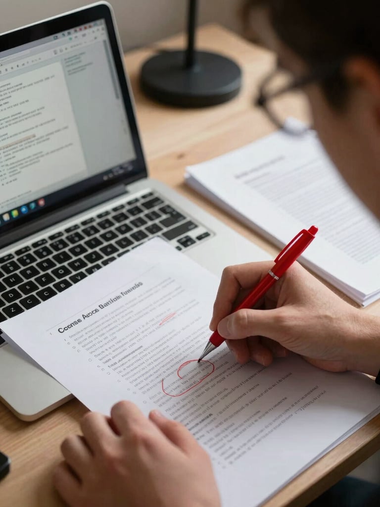 Close-up of hands marking up a printed course draft on a desk, red pen circling a paragraph, laptop open beside the papers showing a lesson editor mid-edit, north-facing studio light, documentary framing