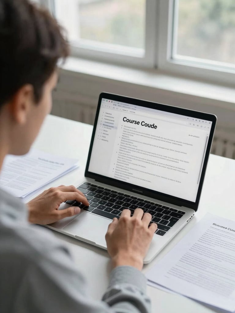 Over-shoulder view of an instructor reviewing a course outline on a laptop screen, notes and printed drafts on the desk beside them, north-facing daylight through a window casting clean even light, focus on the screen and working hands