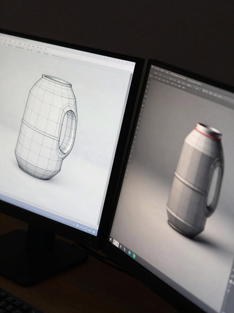 Close-up overhead of a dual-monitor workstation showing a 3D product render mid-wireframe — polygonal mesh on left screen, photorealistic render in progress on right screen, studio ambient light, no human visible
