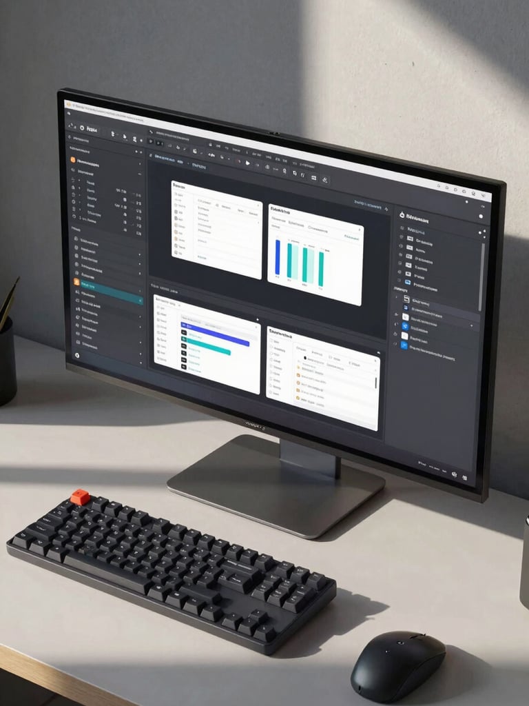Close overhead shot of a large curved monitor displaying a Figma canvas with multiple UI screens open, a mechanical keyboard and stylus in the foreground, studio daylight from a side window casting clean shadows across the desk surface, screen glow mixing with natural light