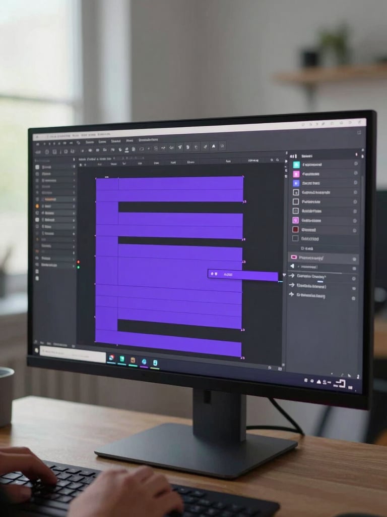 Close-up overhead of a large monitor displaying a dense Figma canvas, purple auto-layout component frames visible, developer annotations in sidebar, hands on keyboard at bottom edge, studio daylight from left window