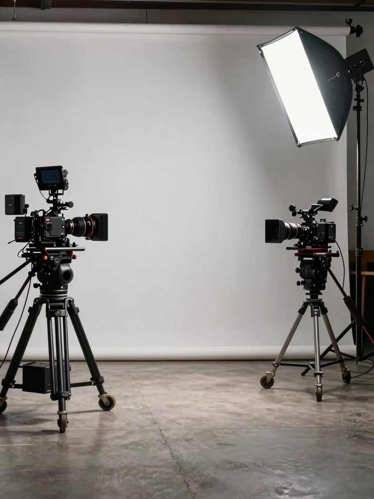 Wide production floor viewed from the left side, a camera rig and lighting stands filling the right third, matte black equipment under tungsten set lighting, concrete floor visible in the foreground, no people