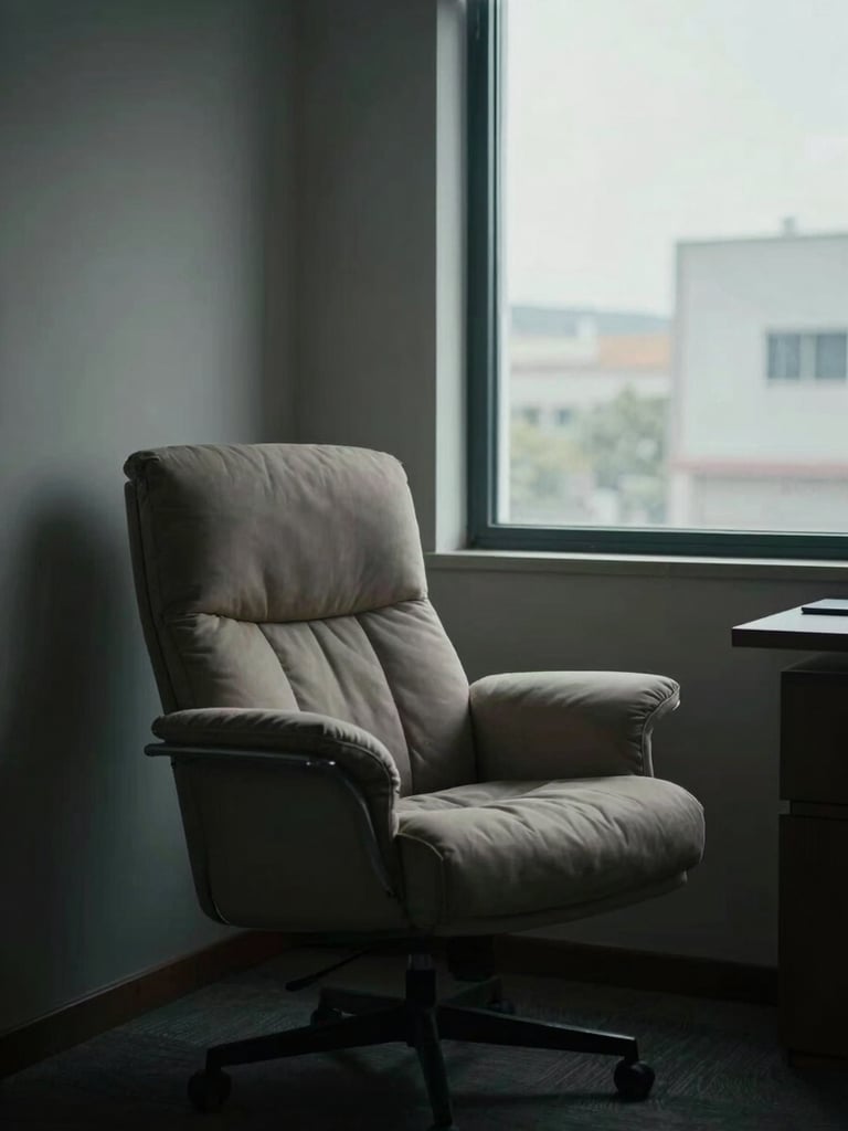 Cinematic environmental composition of a quiet private office corner, a single heavy lounge chair, low-key indirect light from a tall window, deep shadows