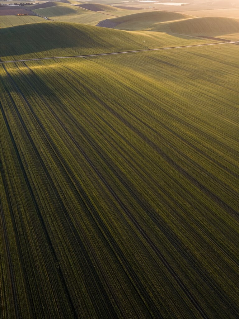 High-angle aerial view of structured crop fields during early morning golden hour, showcasing precise irrigation lines and rolling hills.