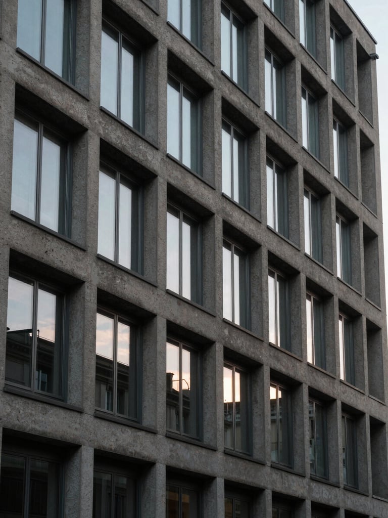 Close-up of a Zurich street-level building facade at dawn, raw concrete and glass detail, overcast diffused light, no people, architectural geometry dominating the frame left edge