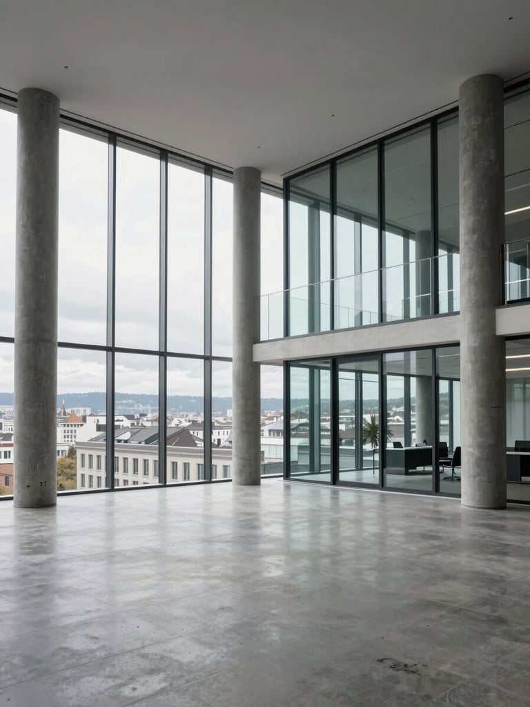 Wide architectural interior of an unfurnished premium Zurich office floor, floor-to-ceiling glass facade to the right, overcast daylight flooding the empty space, concrete pillars in foreground, city roofline visible through glass