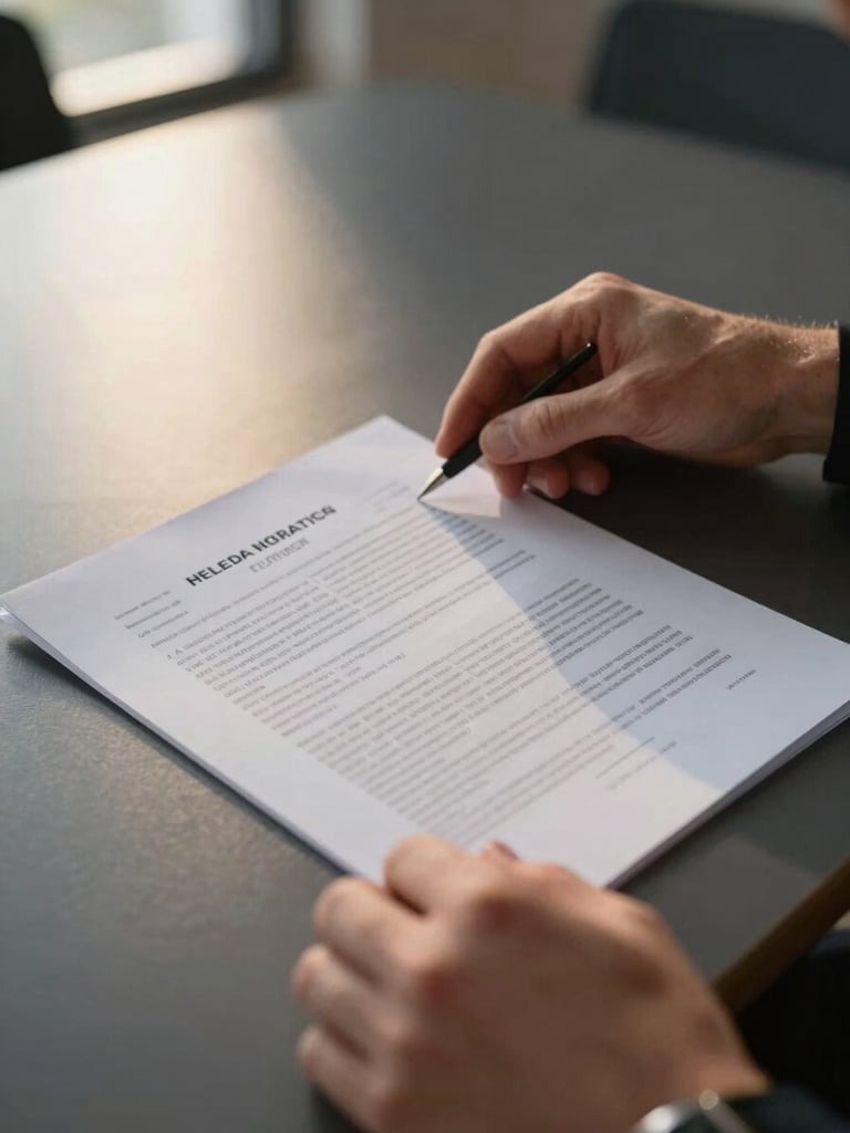 Close-up of hands reviewing printed financial deal documents on a dark conference table, shallow depth of field, early morning golden light from a narrow window to the upper left, document text intentionally out of focus