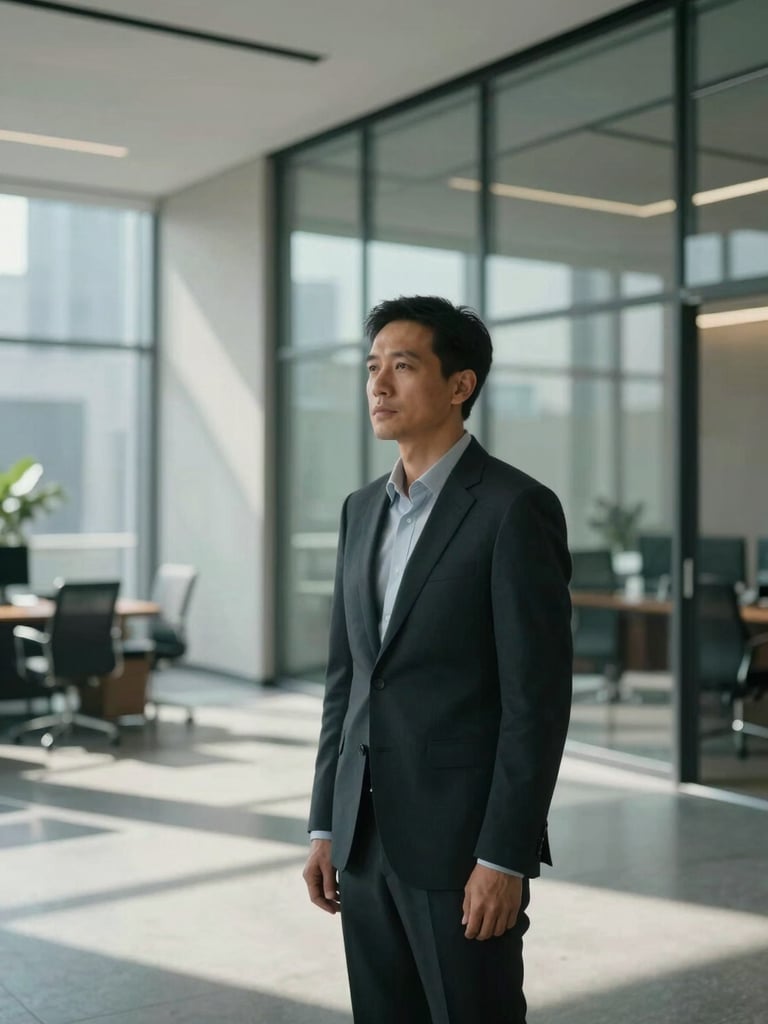 Wide environmental portrait of a focused professional in a quiet, high-end corporate office, soft diffused daylight casting moody shadows, clean architectural glass in the background.
