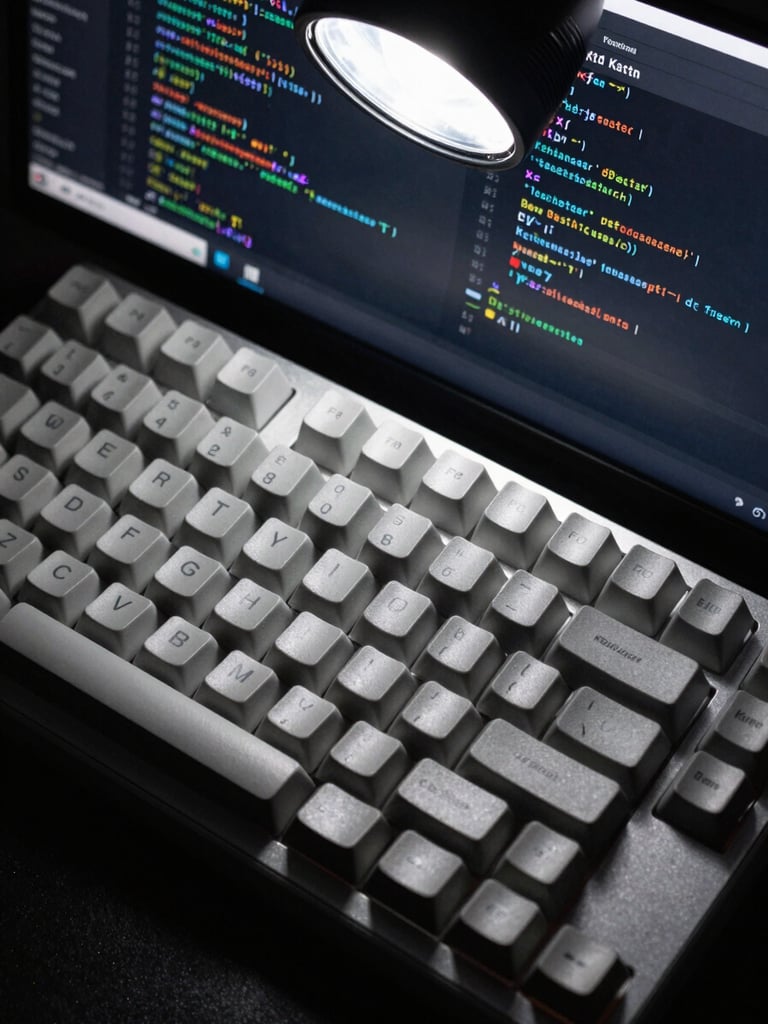 Extreme close-up overhead view of a mechanical keyboard and monitor displaying dense Android Kotlin code, studio flash lighting from above, sharp focus on key caps and code syntax, monochromatic tones, no human hands visible