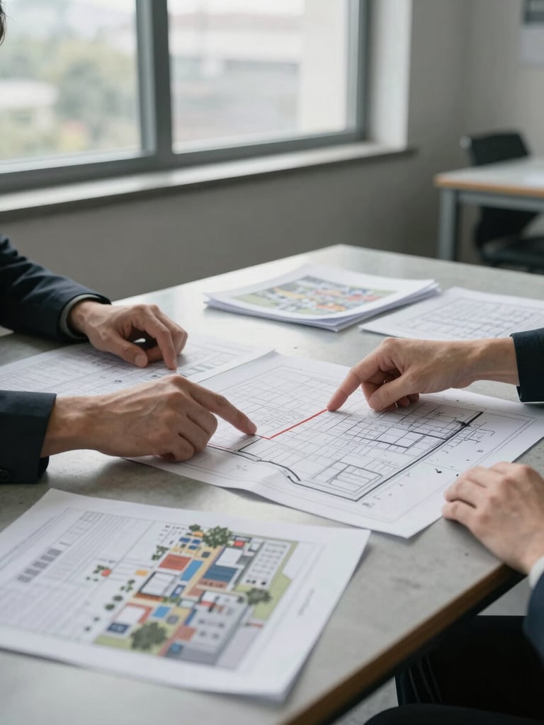 Medium shot of a municipal planning table, overcast daylight through office windows, site plan documents and architectural renderings spread across the surface, two sets of hands pointing at a parcel map, no faces visible, concrete-gray tones, clean and documentary