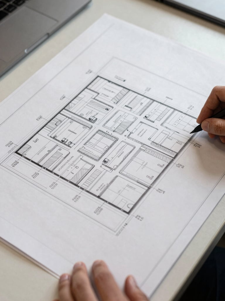 Overhead close-up shot of a site plan document spread on a planning table under diffuse office light, land parcel boundaries drawn in ink, density annotations visible, a hand resting at the edge of the document, no faces, documentary framing