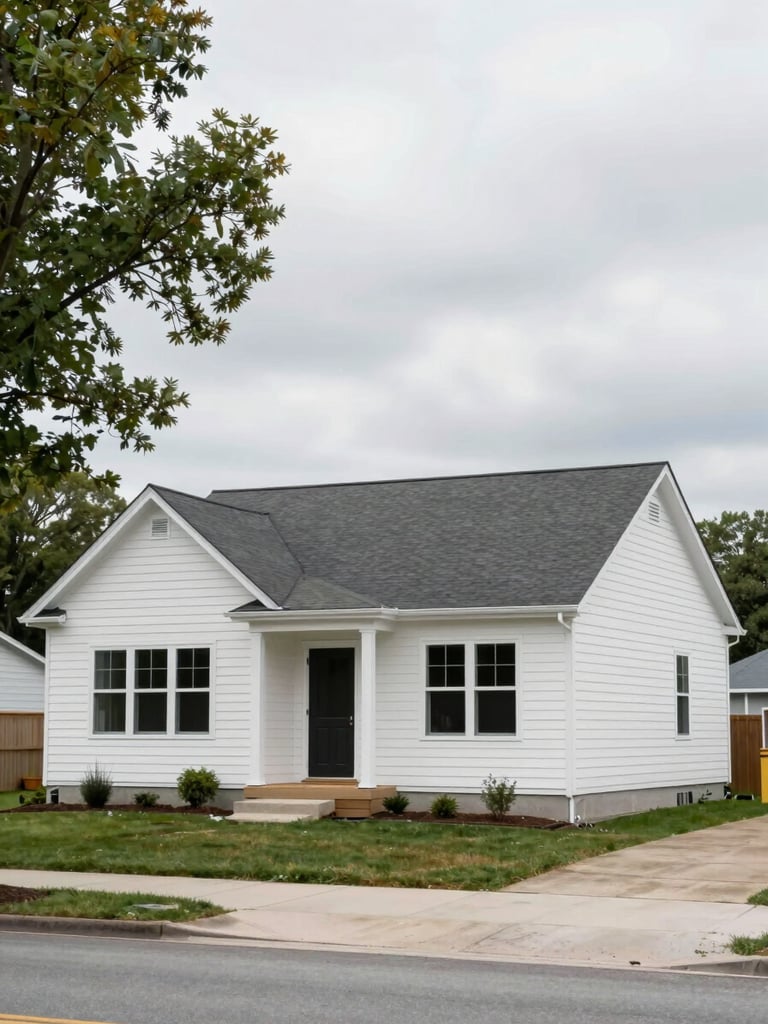Medium wide shot of a newly completed factory-built home exterior on a residential lot in Michigan, overcast daylight, clean siding and pitched roof visible, mature tree at left edge, no people, documentary framing from street level