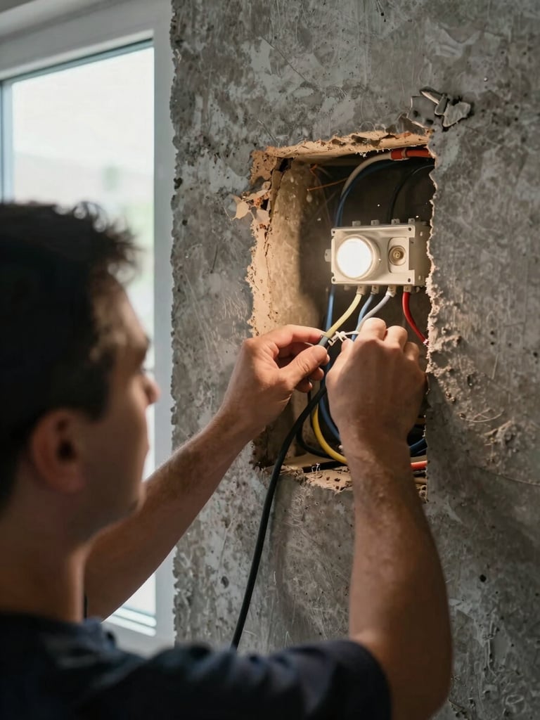 Over-the-shoulder view of a technician routing low-voltage cable through a wall cavity, work light illuminating conduit and junction box, natural daylight from a nearby window, concrete wall texture visible