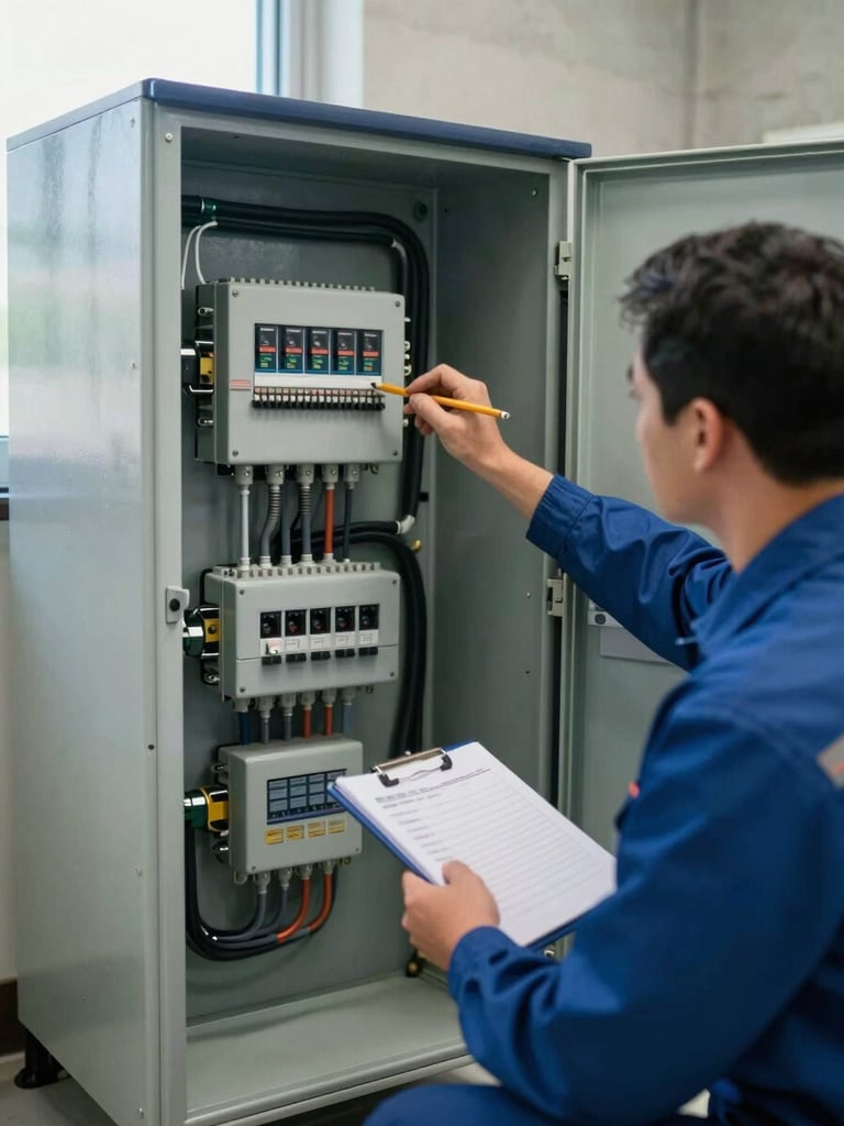 Over-the-shoulder view of a technician kneeling beside an open electrical panel, tracing conduit runs with a pencil and notepad, natural window light from the left, concrete wall in background, no staging