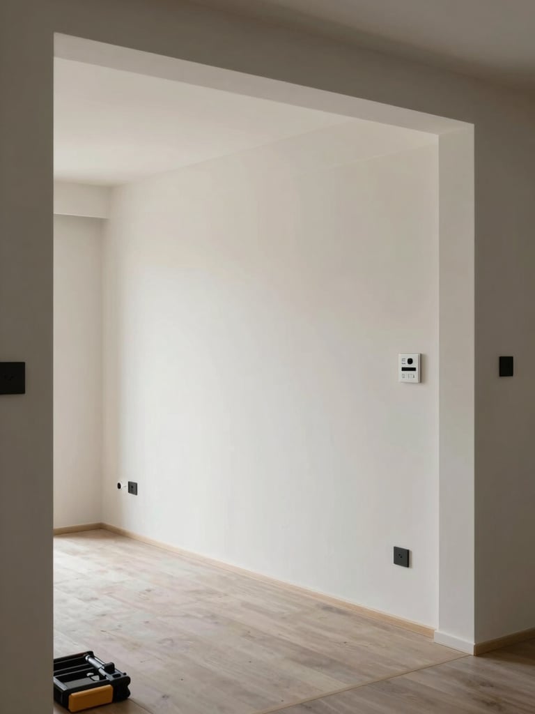 Wide shot of a finished living room from a doorway, integrated keypads and speakers visible but unobtrusive on the walls, work lights and tools still present in the foreground, functional not staged