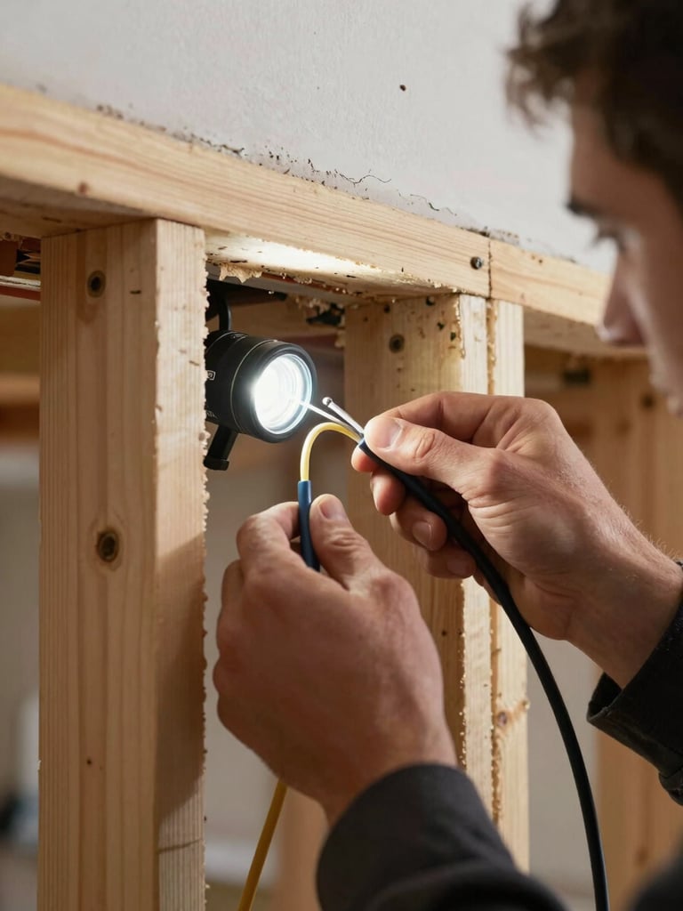 Close-up of a technician's hands routing low-voltage cable through a wall cavity, a work light illuminating rough framing, natural wood studs visible, no polish or staging