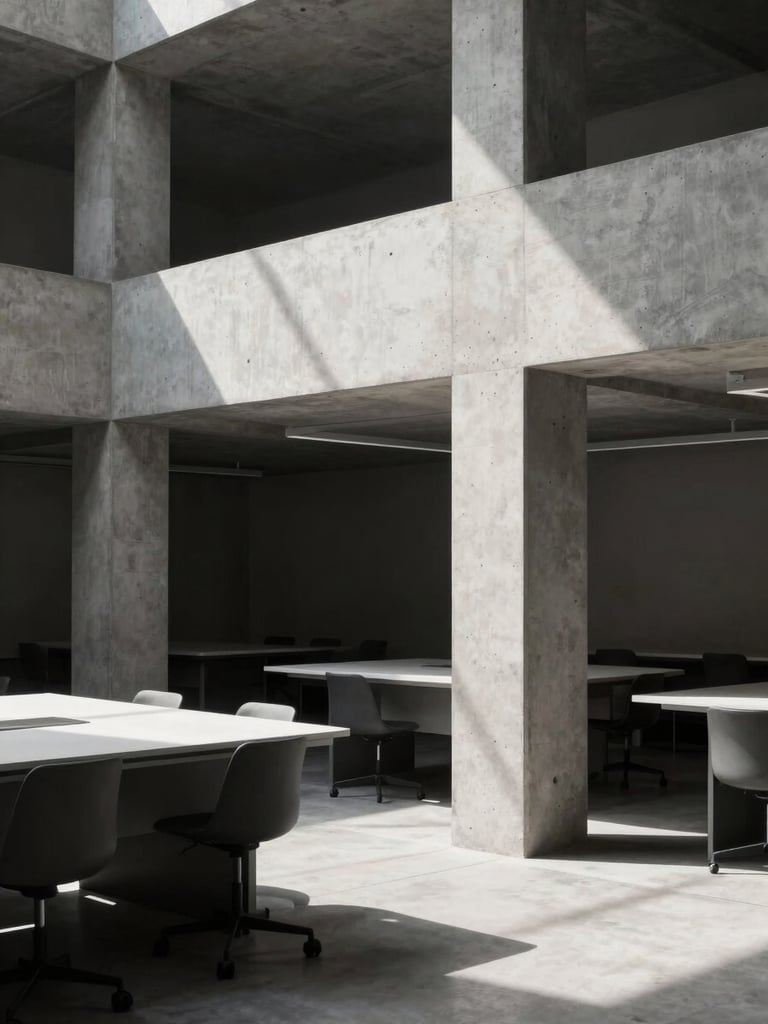 A stark, high-contrast architectural workspace with clean concrete lines, captured in sharp morning light with deep shadows, emphasizing structured order.