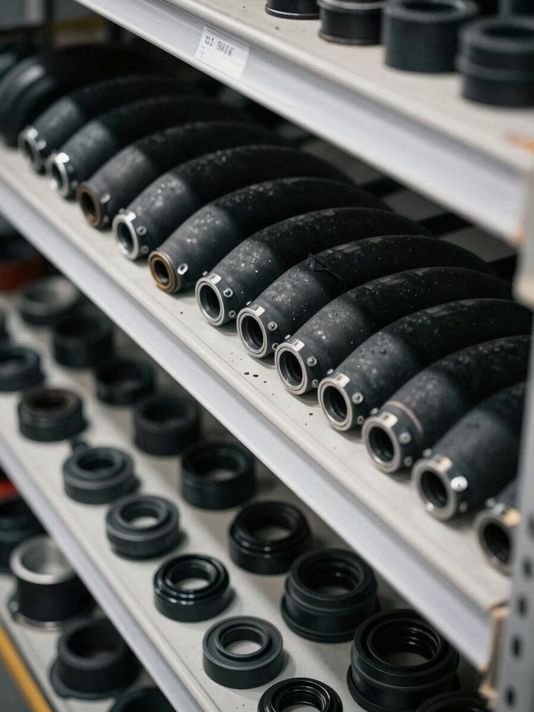 Close-up overhead shot of organized automotive rubber components — hoses, seals, and gaskets arranged in rows on warehouse shelving under fluorescent lighting, material cross-sections visible, stock reference codes on shelf labels