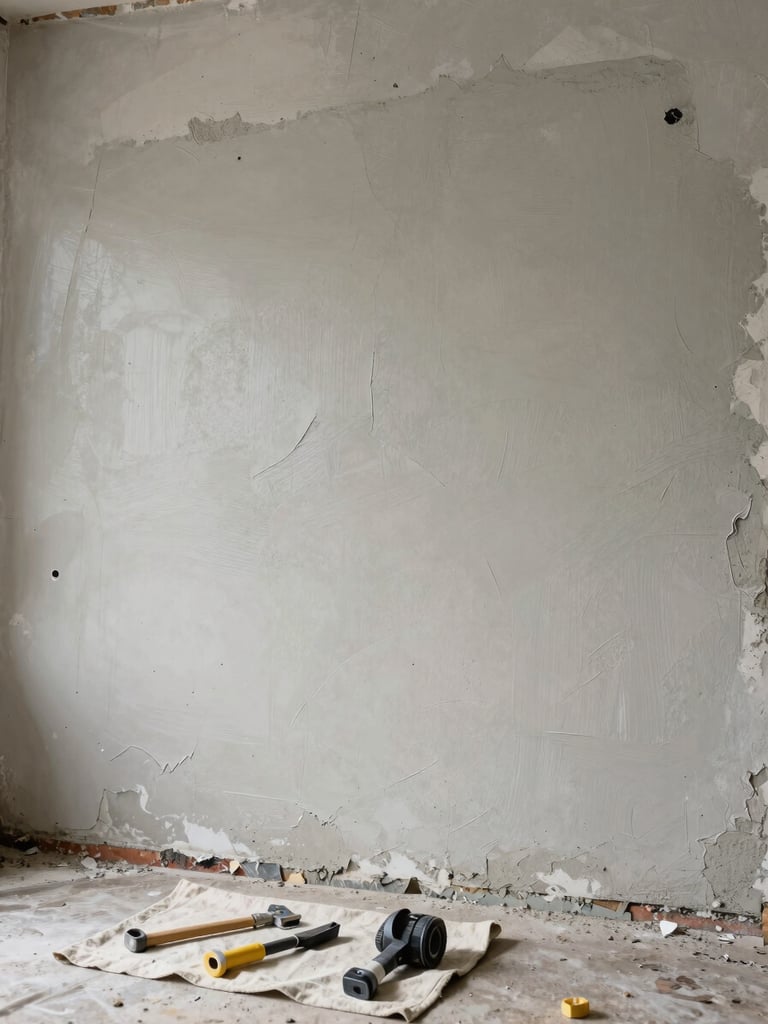 Wide environmental shot, natural daylight, a freshly patched exterior wall — cement smoothed flush, paint matched, tools laid on a drop cloth in the foreground, no people visible, full context of the repair site showing before-grime line at edge