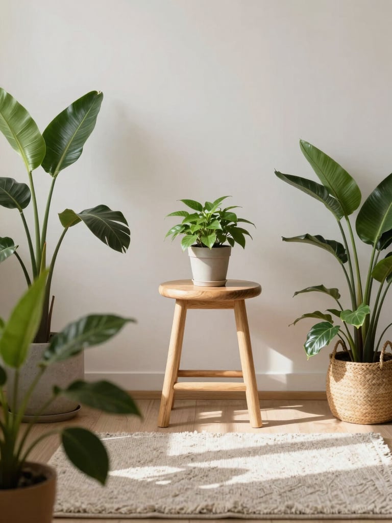 A cozy sunlit corner of a room with green plants, a wooden stool, and a soft neutral rug, warm and inviting atmosphere.