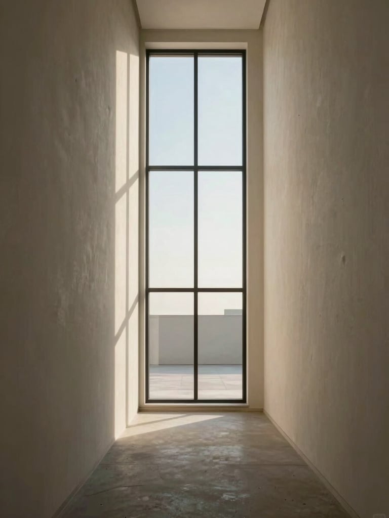 Wide architectural sightline looking down a narrow corridor toward a full-height window, late-afternoon daylight raking across pale plaster walls, the exterior site visible beyond — empty, unstyled, geometry doing the work