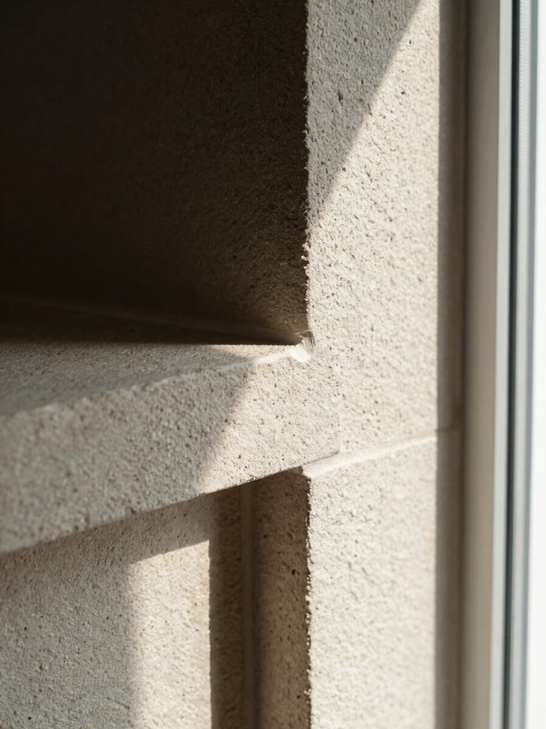 Close macro shot of a stone-to-millwork transition at a window reveal, natural north light grazing across the surface to reveal texture and precise joinery, no styling, architectural detail in isolation