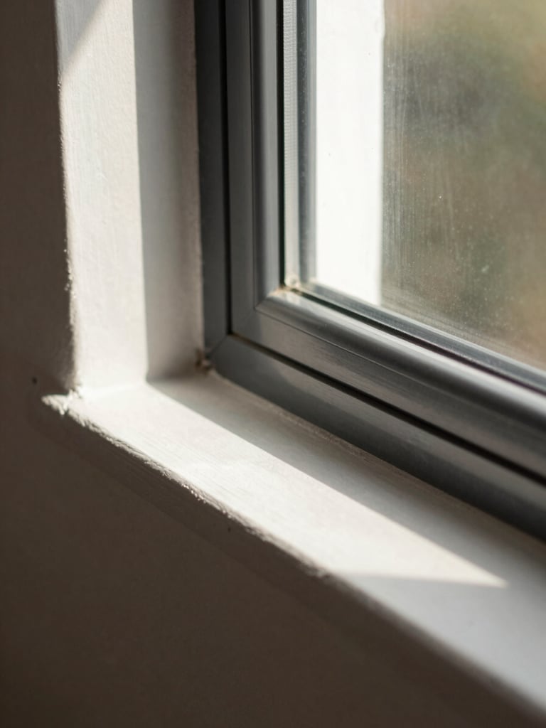 Macro detail of a window reveal — pale plaster wall meets a deep-set steel window frame, precise shadow line cast across the sill, natural daylight, no people, selective depth of field