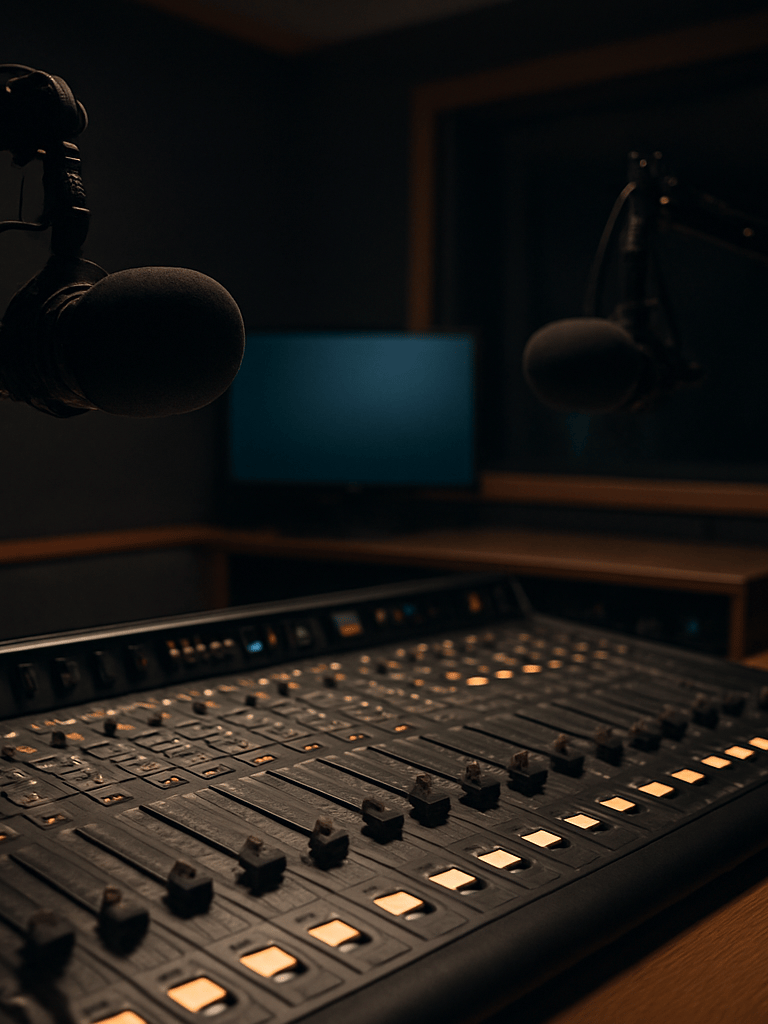 Wide shot of a radio broadcast studio interior, mixing desk in the foreground with illuminated faders, two microphones on adjustable arms, broadcast monitor glowing in the background, low documentary lighting