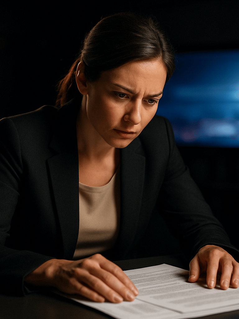 Broadcast studio close-up, a journalist leaning forward over documents and notes, studio monitor glow behind, hard-edged documentary lighting, intense concentration